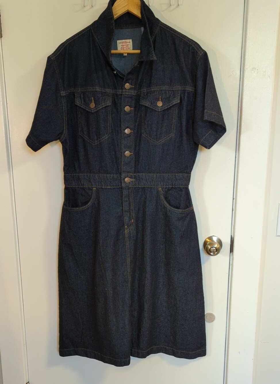 Classic Dark Blue Denim Short-Sleeve Jean Overalls Dress